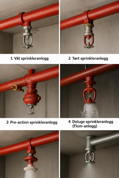 Illustrasjon av sprinklertyper: våt, tørr, pre-action, deluge, skum og tåke